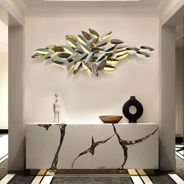 Zove Modern Golden Steel Leaf Sculpture Wall Decor For Living Room Metal Wall Decor For Bedroom, Drawing Room, Hotel, Restaurant